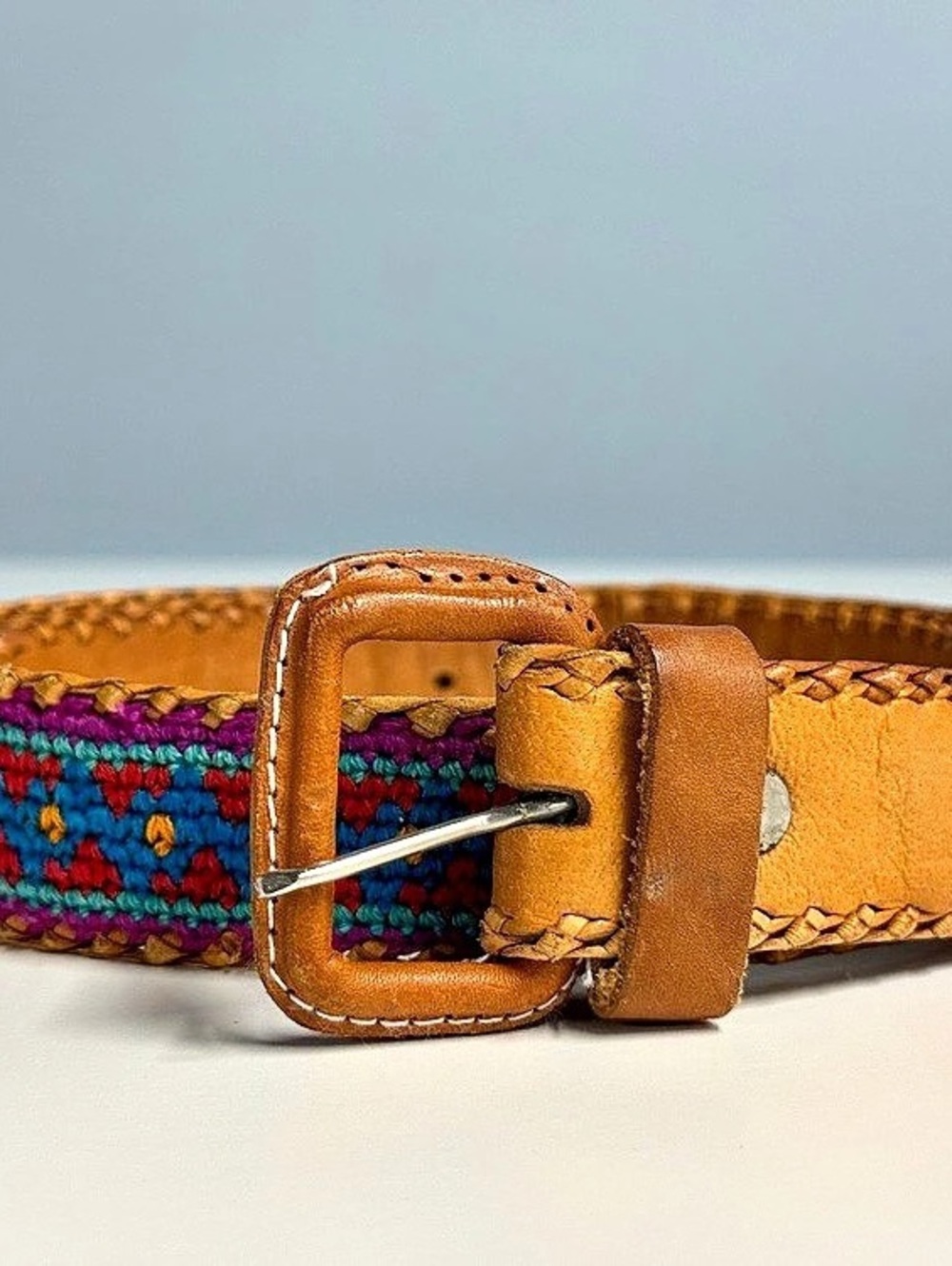 Vintage handcrafted Guatemalan woven fabric and leather belt.